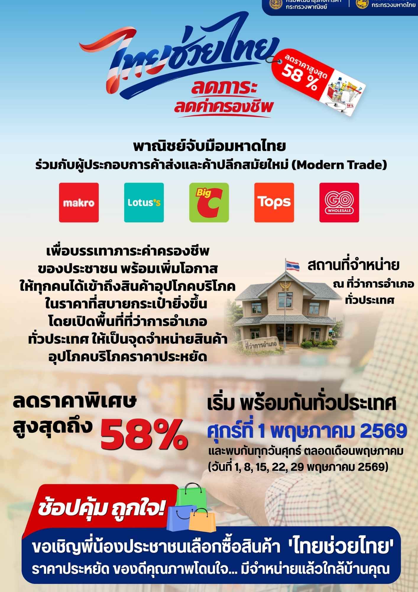 กรมการปกครอง Kick-off โครงการ “ไทยช่วยไทย” จำหน่ายสินค้าราคาประหยัดทั่วประเทศ เริ่มศุกร์ที่ 1 พฤษภาคม 2569 ณ ที่ว่าการอำเภอ 878 แห่ง